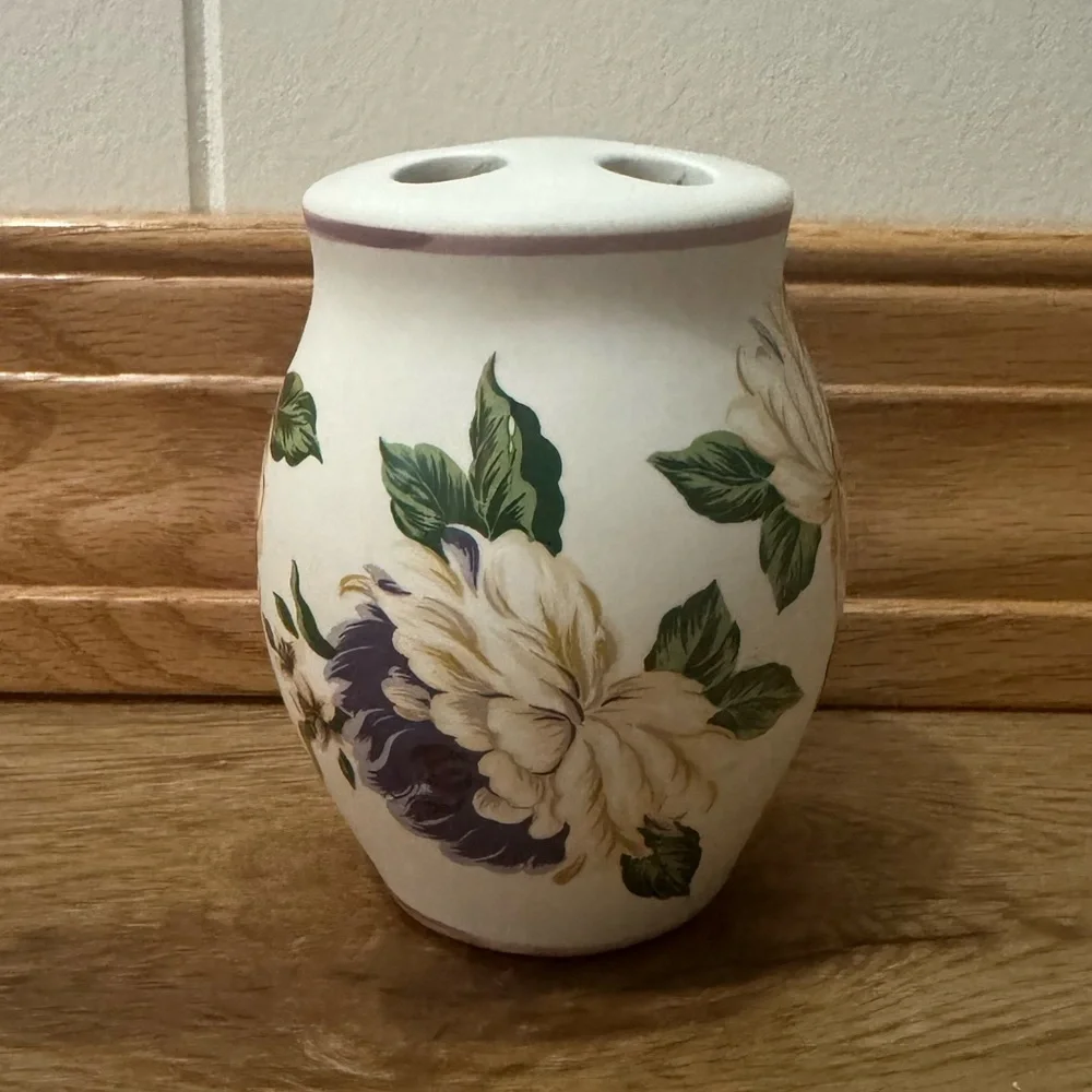 Vintage Floral Porcelain Toothbrush Holder Shabby Chic Vanity Decor